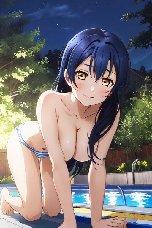 トップレスの園田海未がナイトプールで四つん這い