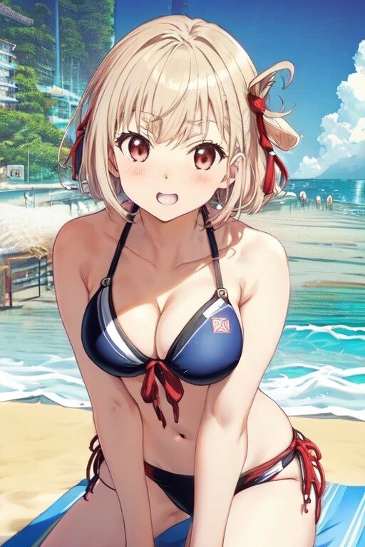 ビーチでビキニを着てグラビアポーズをする錦木千束