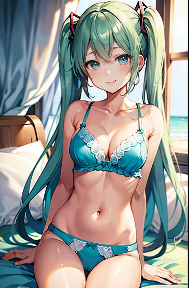 下着姿でベッドに腰掛ける初音ミク