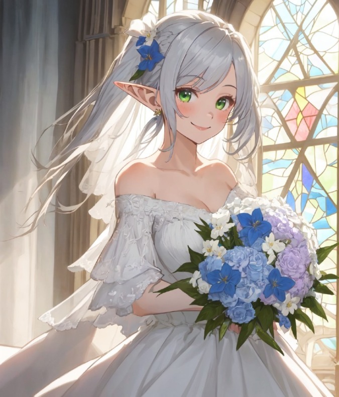 ウエディングドレスを着てブーケを持つフリーレン