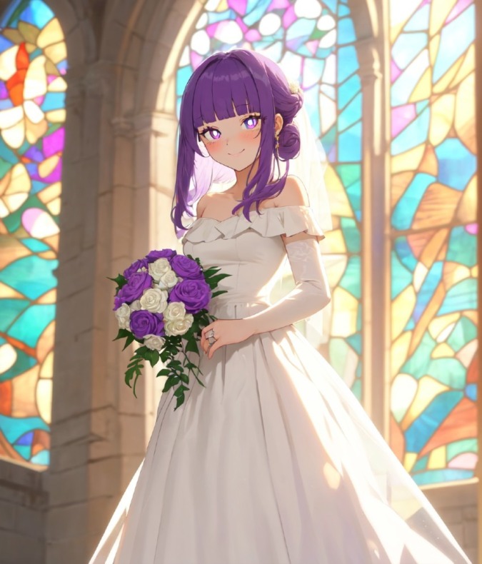 ウエディングドレスを着てブーケを持つフェルン