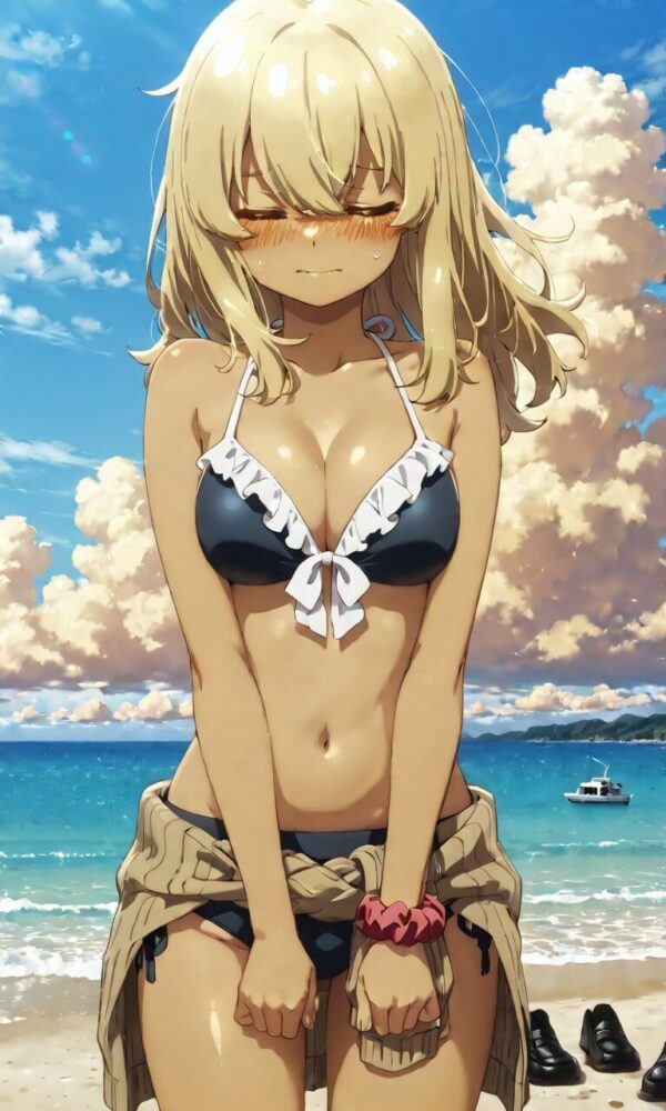 セクシーな黒いビキニを着て恥ずかしそうな比嘉夏菜