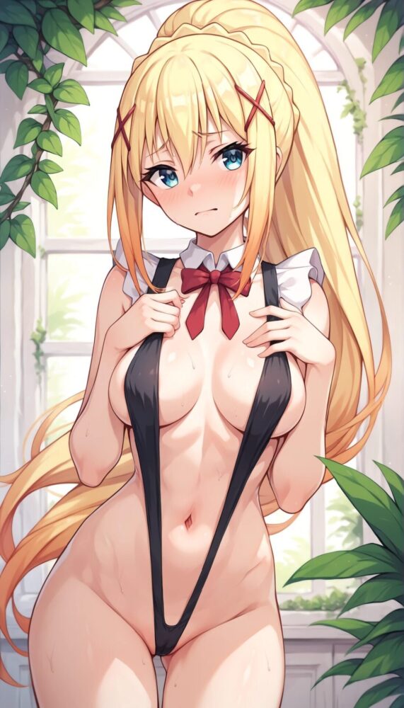 スリングショット水着を着て恥ずかしがるダクネス