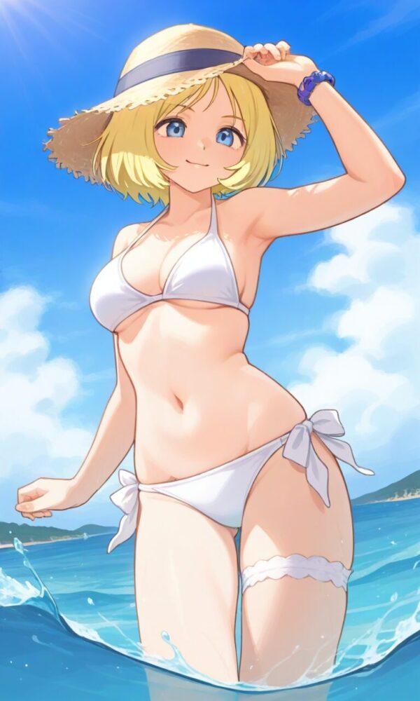 白いビキニで海にはいるセイラ・マス
