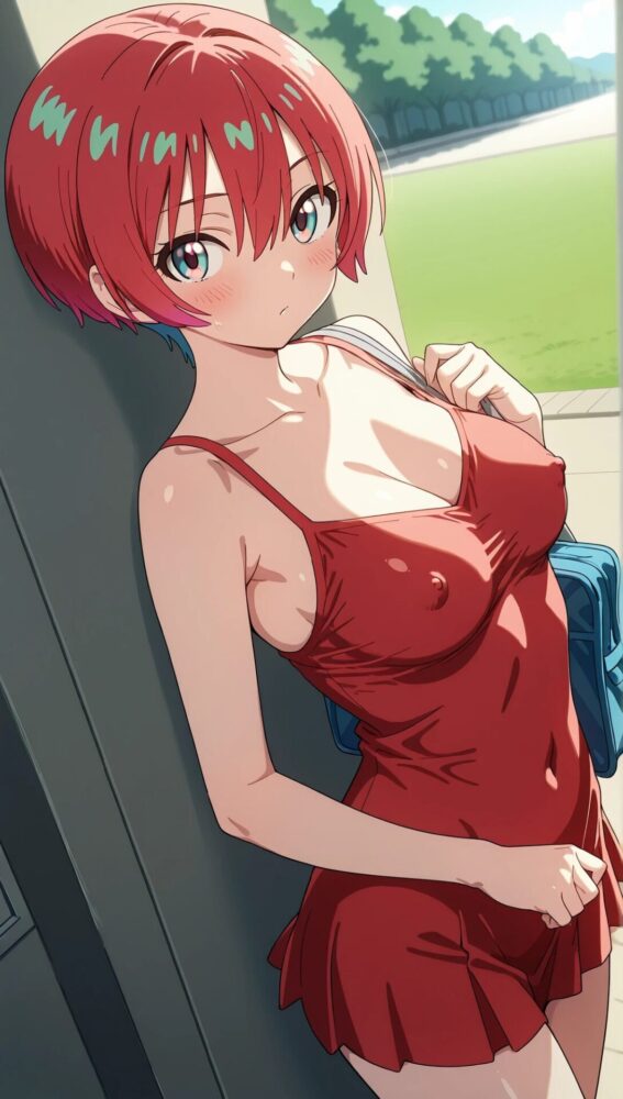 赤いワンピース水着姿のマチュ