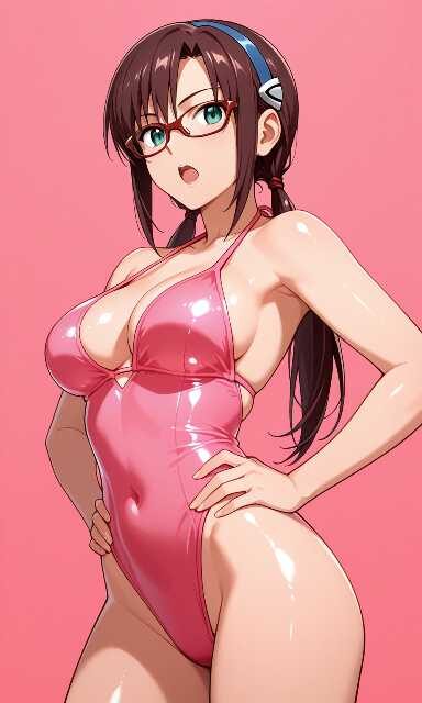 ピンクのワンピース水着の真希波マリ