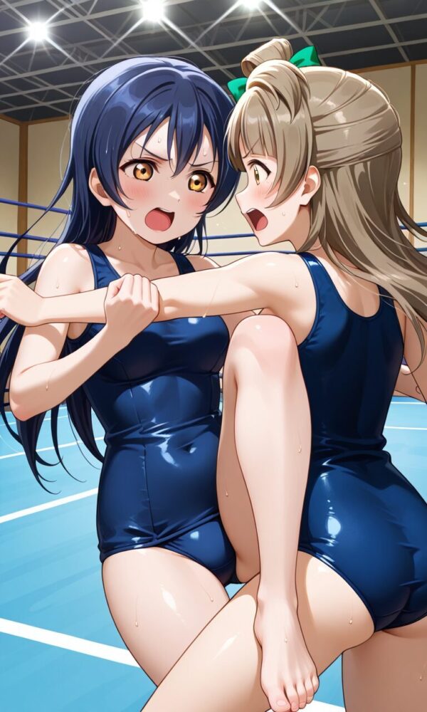 園田海未と南ことりのスクール水着キャットファイト(ラブライブ)