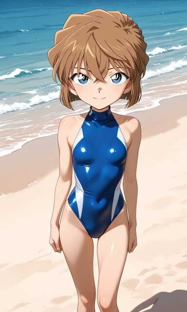 海辺で競泳水着を着ている灰原哀（名探偵コナン）