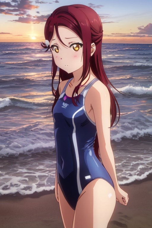 夕焼けの海辺でスクール水着の桜内梨子