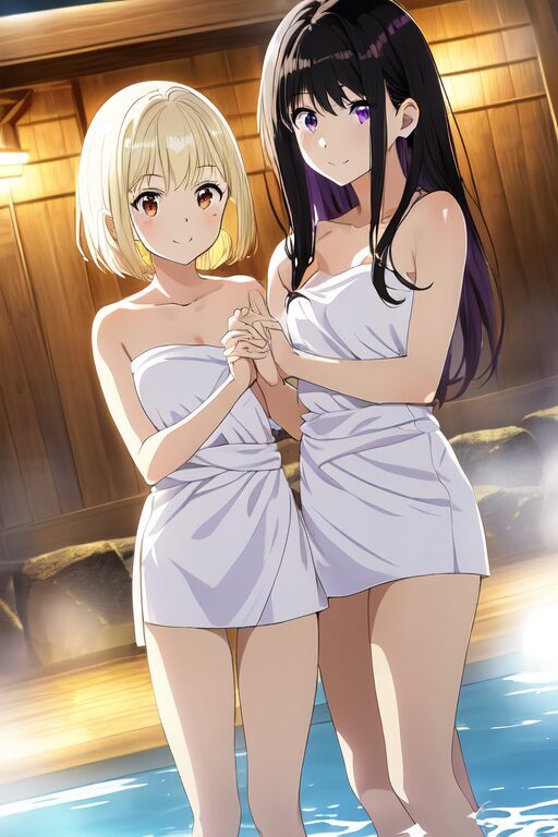 温泉にはいる錦木千束と井ノ上たきな