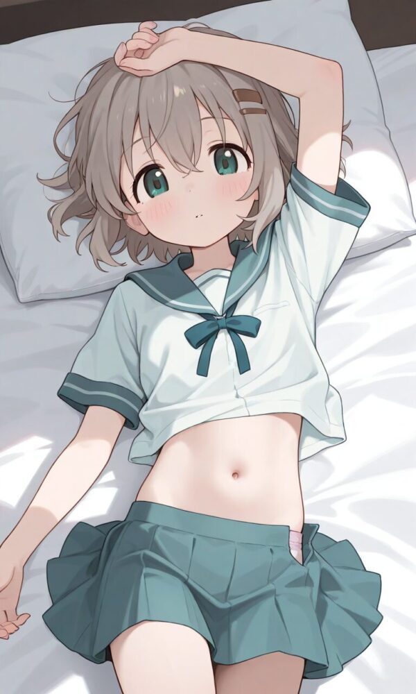 ベッドに横たわり制服を脱ぎかけてる幸村あおい