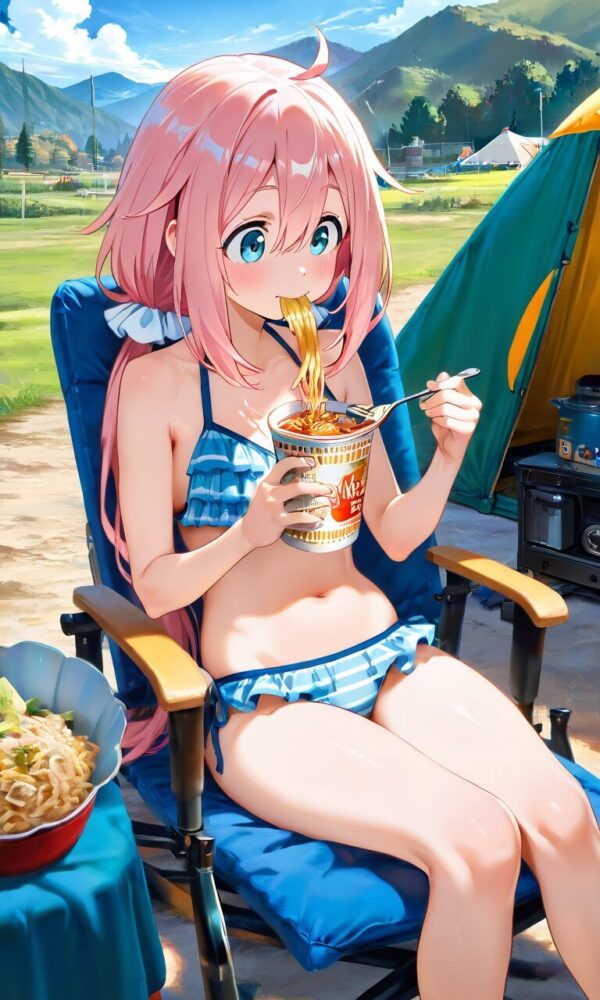 水着でキャンプをしながらご飯を食べる各務原なでしこ